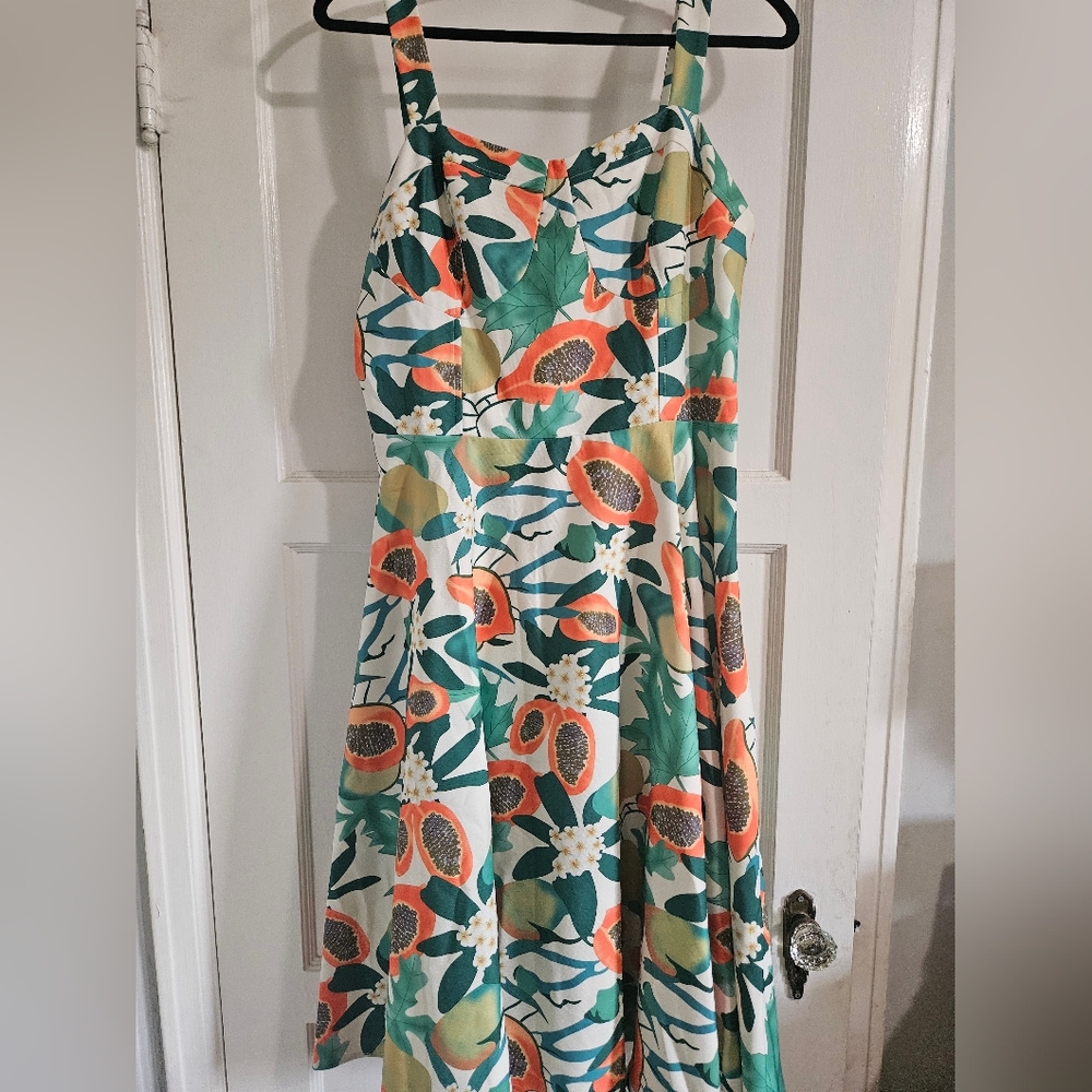 Tropical Floral And Papaya Sundress in Green and Coral